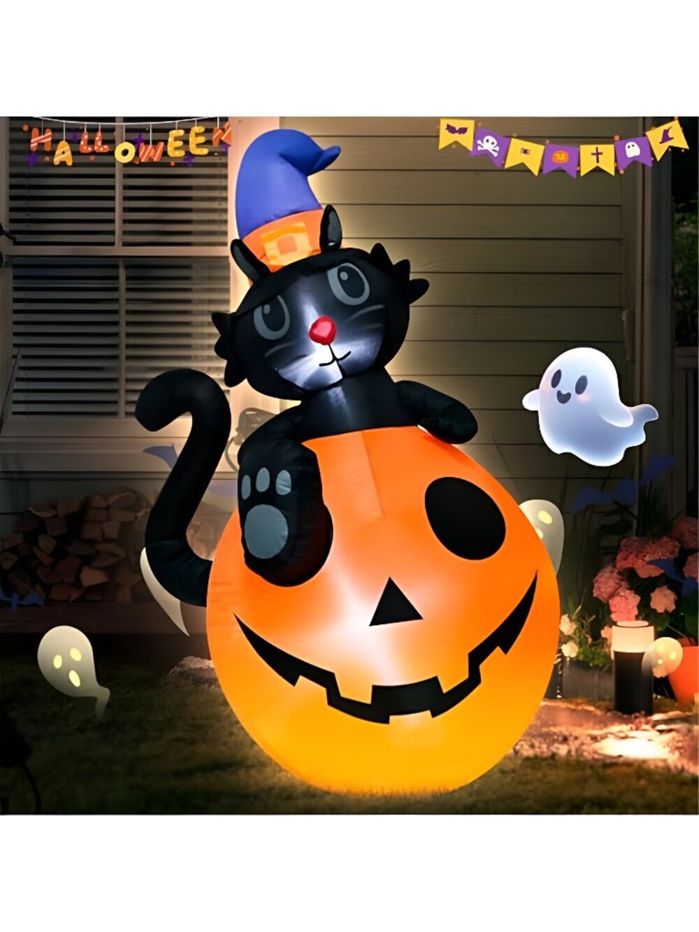 4FT Halloween Black Cat Pumpkin Inflatable Decoration with LED Lights